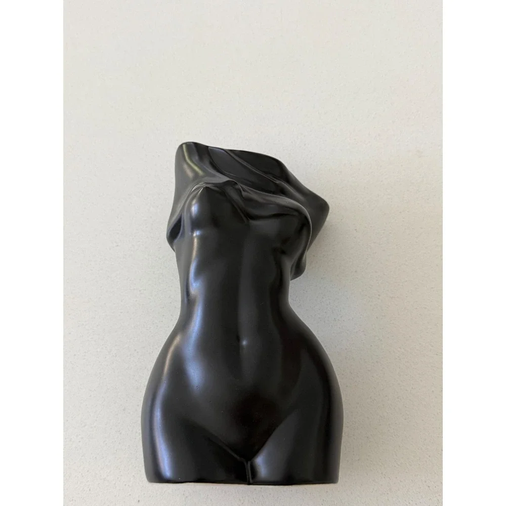 Matte Black Ceramic Female Torso Vase Draped Body Sculptural Modern Decor
